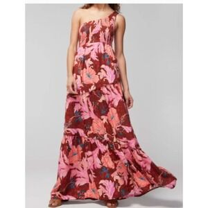 Soma One Shoulder Maxi Bra Dress Smocked Tiered Floral Print Pink Brown Size M